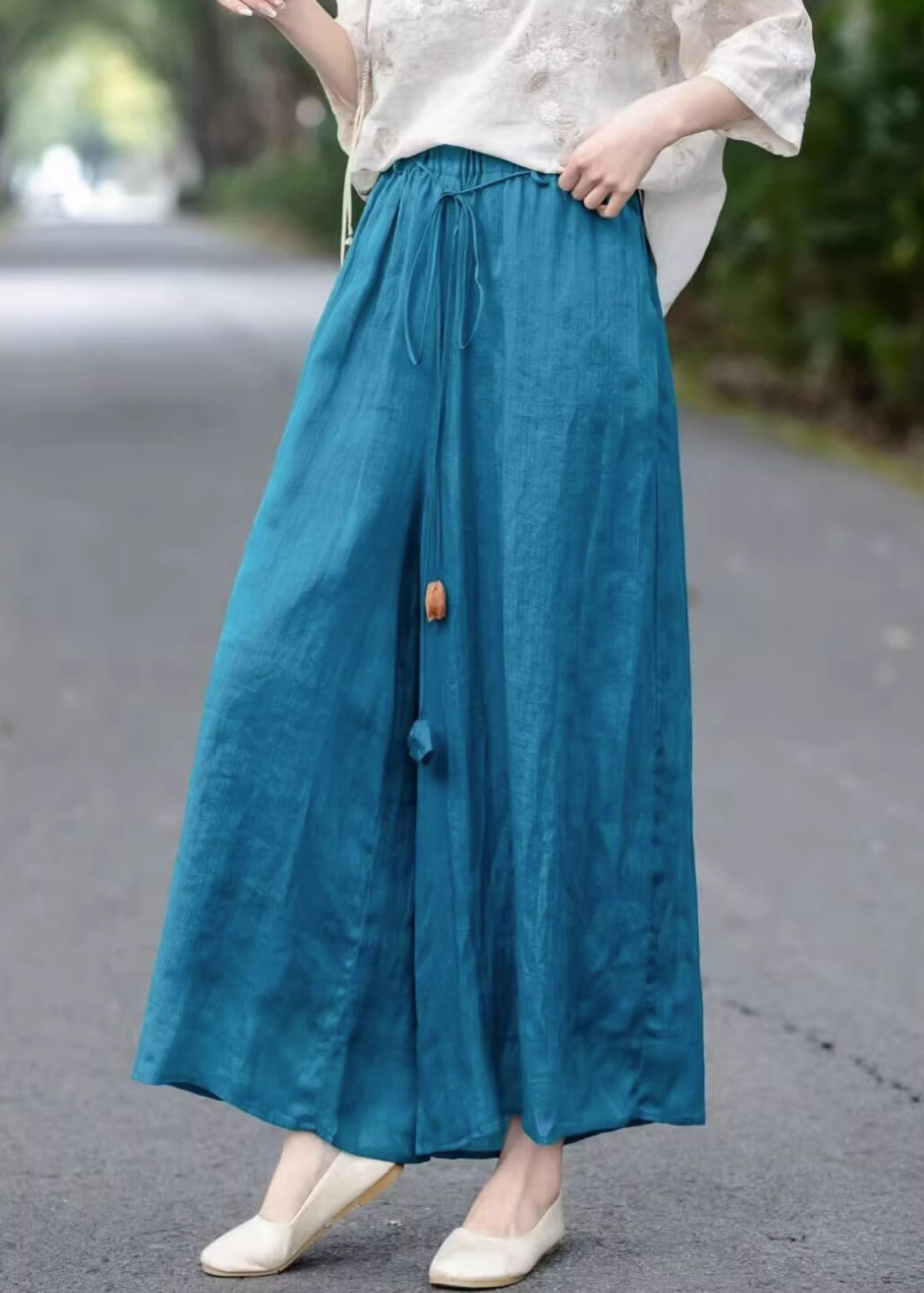 Leg Summer Elastic Up Cotton Lace Loose Blue Pants Wide Waist