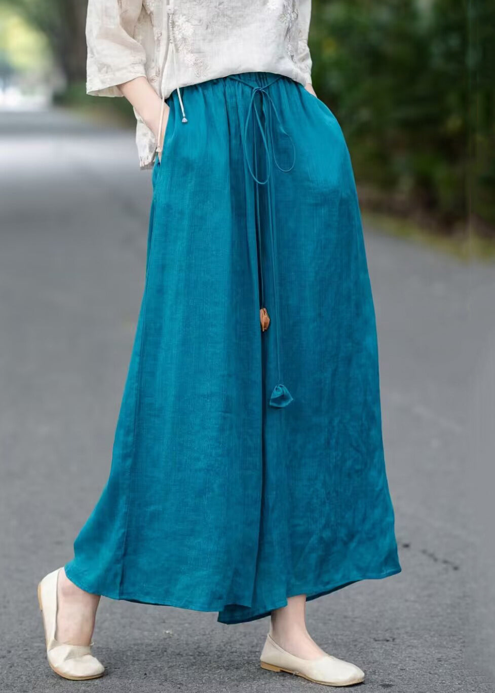 Leg Summer Elastic Up Cotton Lace Loose Blue Pants Wide Waist