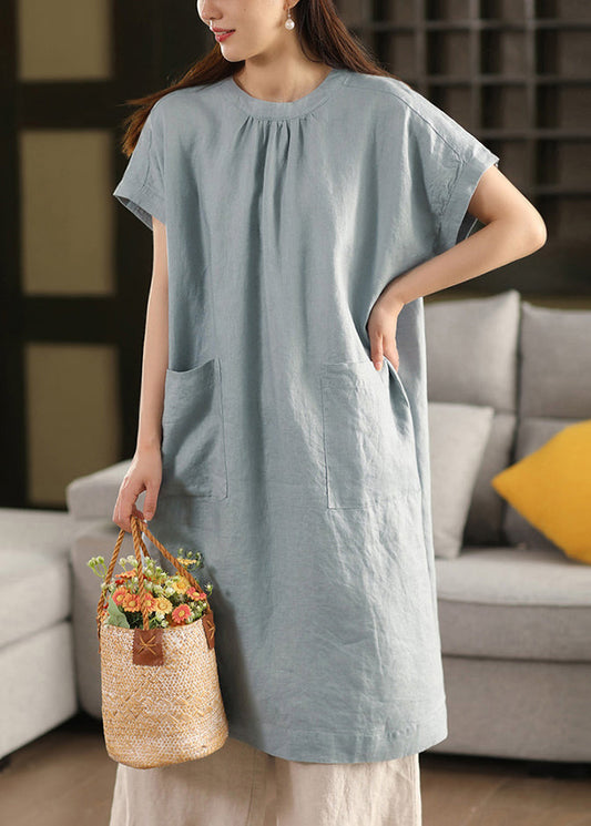 Blue Summe Loose Dresses O-Neck Pockets Linen
