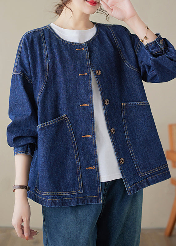 Loose Blue O-Neck Pockets Patchwork Denim Coats Long Sleeve UU047