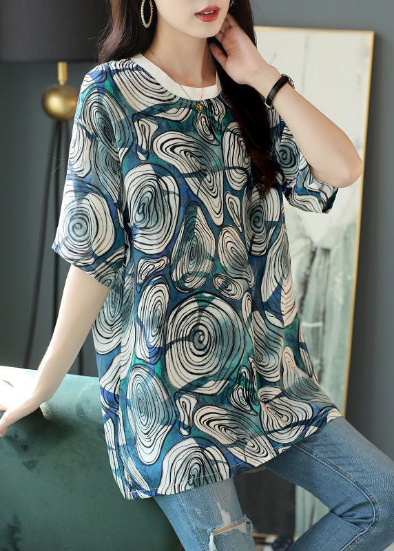 Loose Blue O Neck Print Cotton T Shirt Half Sleeve OP1064