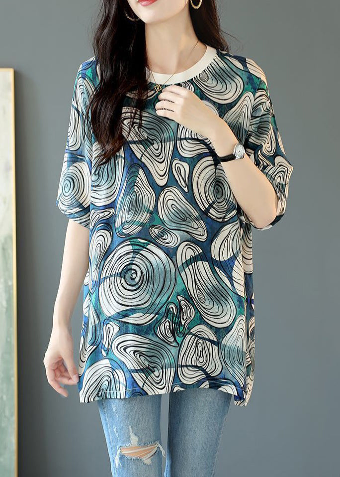 Loose Blue O Neck Print Cotton T Shirt Half Sleeve OP1064