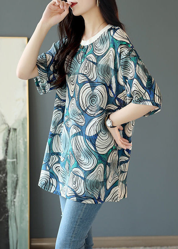 Loose Blue O Neck Print Cotton T Shirt Half Sleeve OP1064