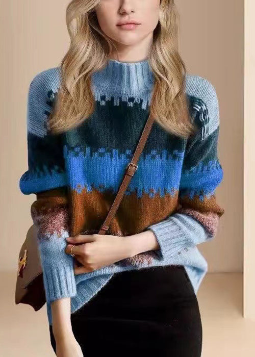 Loose Blue O Neck Thick Patchwork Knit Sweater Winter WK003