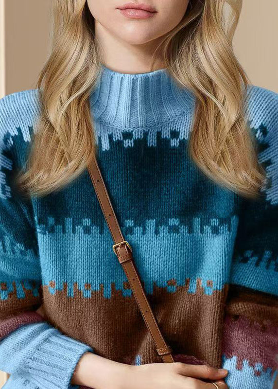 Loose Blue O Neck Thick Patchwork Knit Sweater Winter WK003