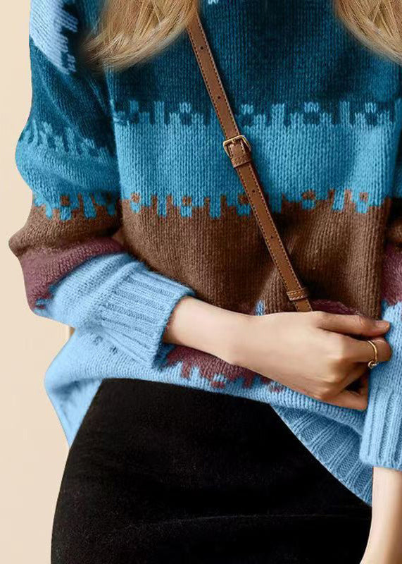 Loose Blue O Neck Thick Patchwork Knit Sweater Winter WK003