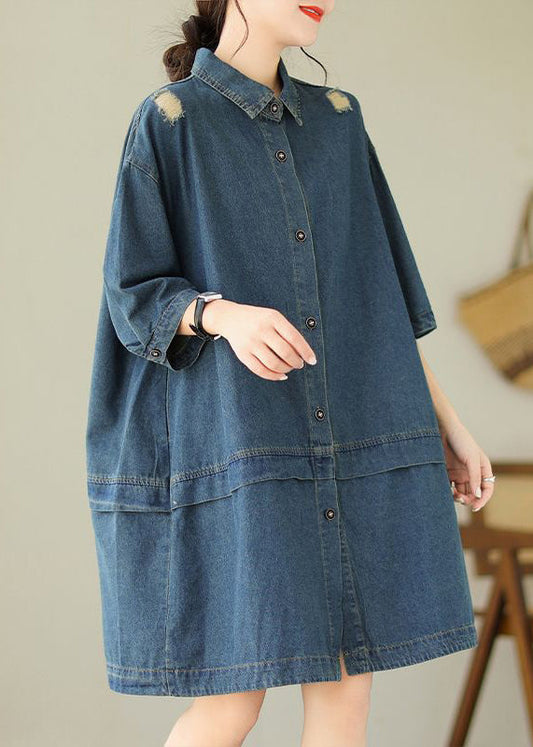 Loose Blue Peter Pan Collar Button Denim Mid Dress Half Sleeve AU1050