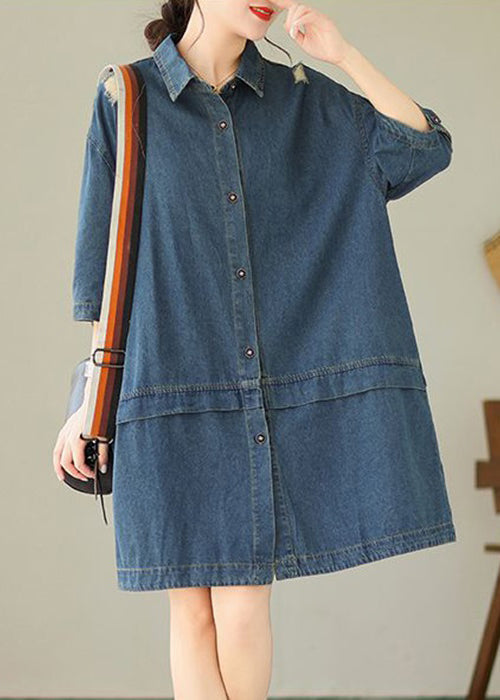 Loose Blue Peter Pan Collar Button Denim Mid Dress Half Sleeve AU1050