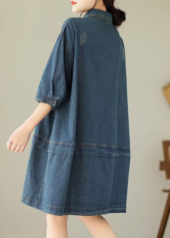 Loose Blue Peter Pan Collar Button Denim Mid Dress Half Sleeve AU1050