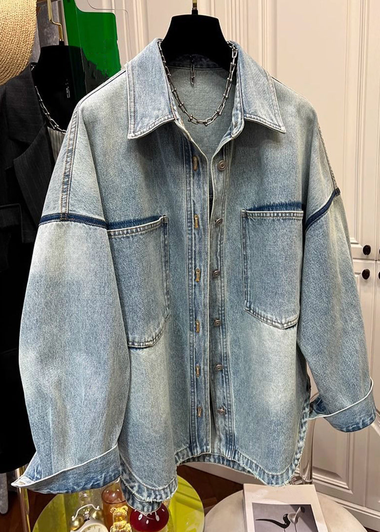 Manteaux en denim à poches fendues et col Peter Loose pour homme, boutons bleus