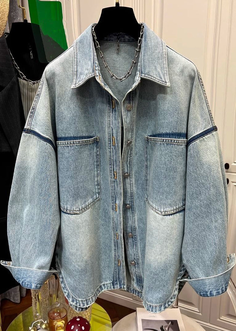 Manteaux en denim à poches fendues et col Peter Loose pour homme, boutons bleus