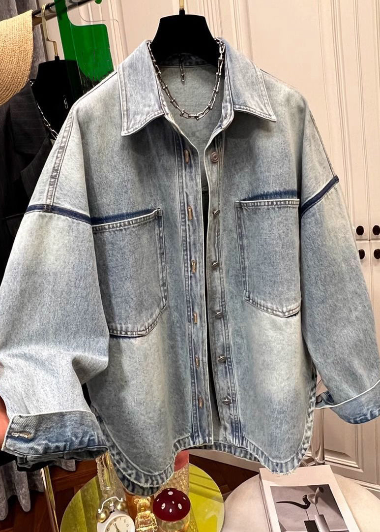 Manteaux en denim à poches fendues et col Peter Loose pour homme, boutons bleus