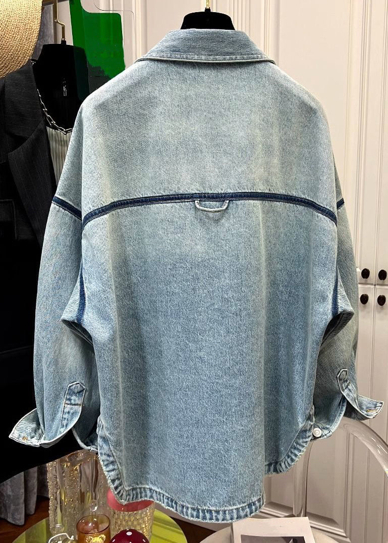 Manteaux en denim à poches fendues et col Peter Loose pour homme, boutons bleus