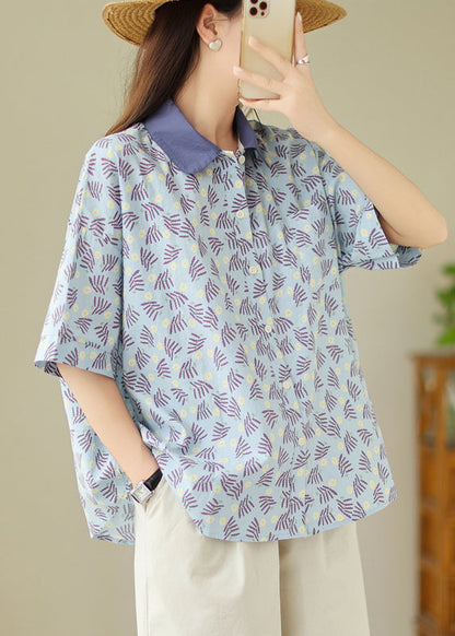 Loose Blue Peter Pan Collar Button Print Cotton Blouses Summer GH1025