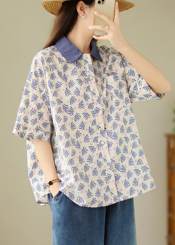 Loose Blue Peter Pan Collar Button Print Cotton Blouses Summer GH1025