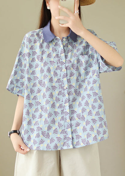 Loose Blue Peter Pan Collar Button Print Cotton Blouses Summer GH1025