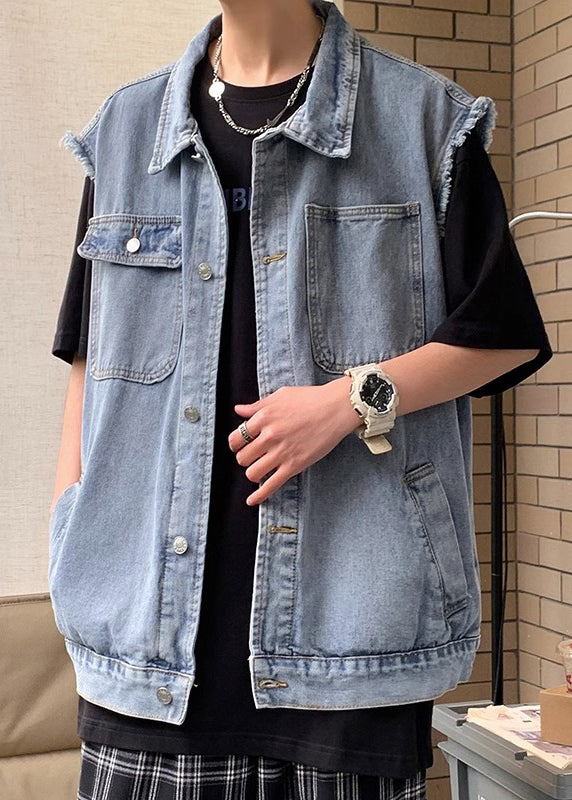 Gilet bleu pour homme, col, poches à rabat, Peter Loose Denim