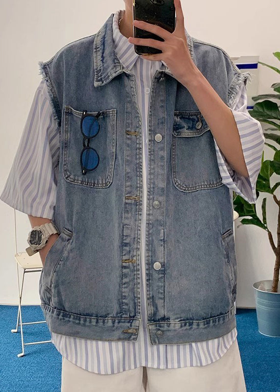 Gilet bleu pour homme, col, poches à rabat, Peter Loose Denim