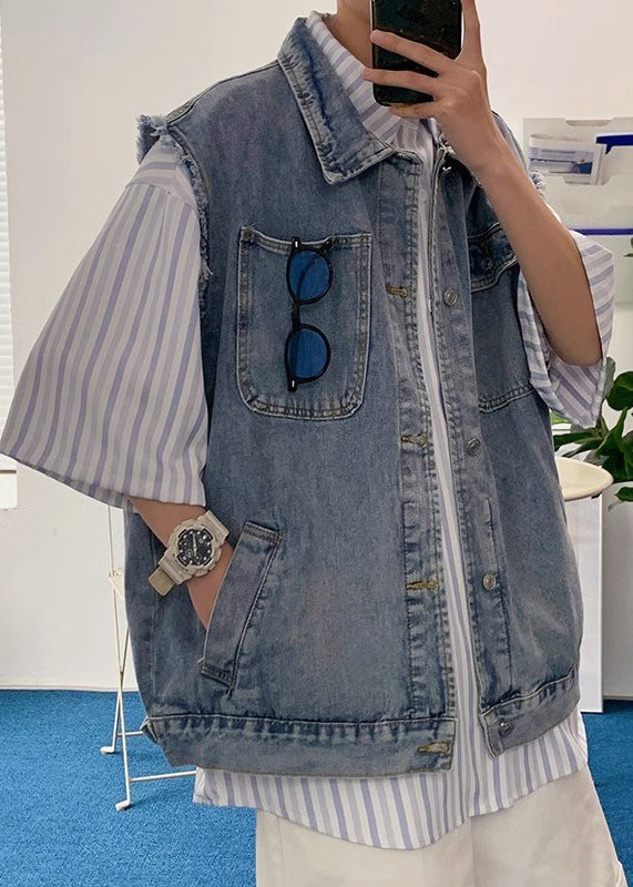 Gilet bleu pour homme, col, poches à rabat, Peter Loose Denim