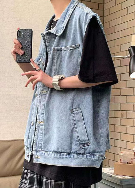 Gilet bleu pour homme, col, poches à rabat, Peter Loose Denim