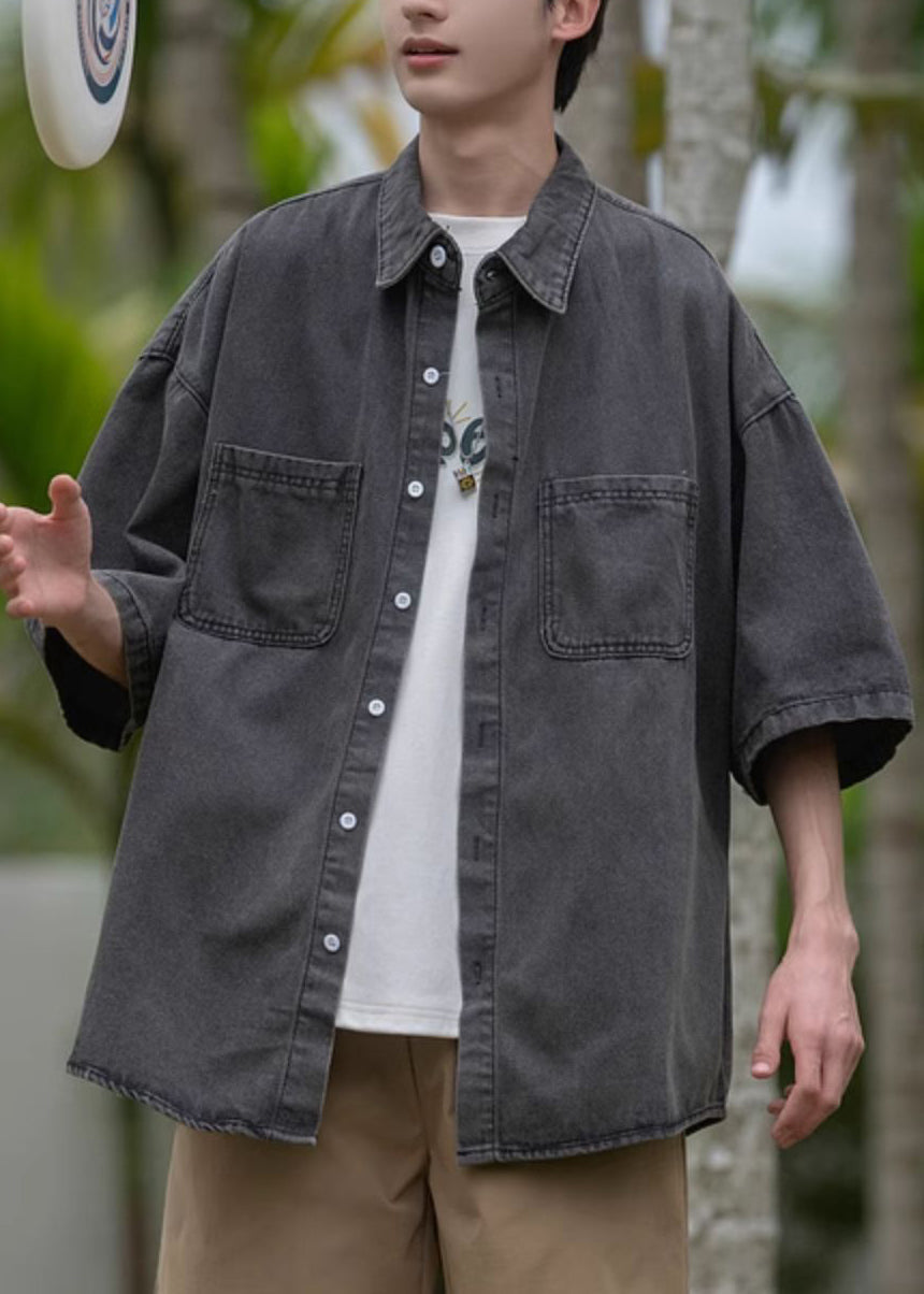 Blau Herren Pan Shirts Frühling Taschen Lose Peter Denim