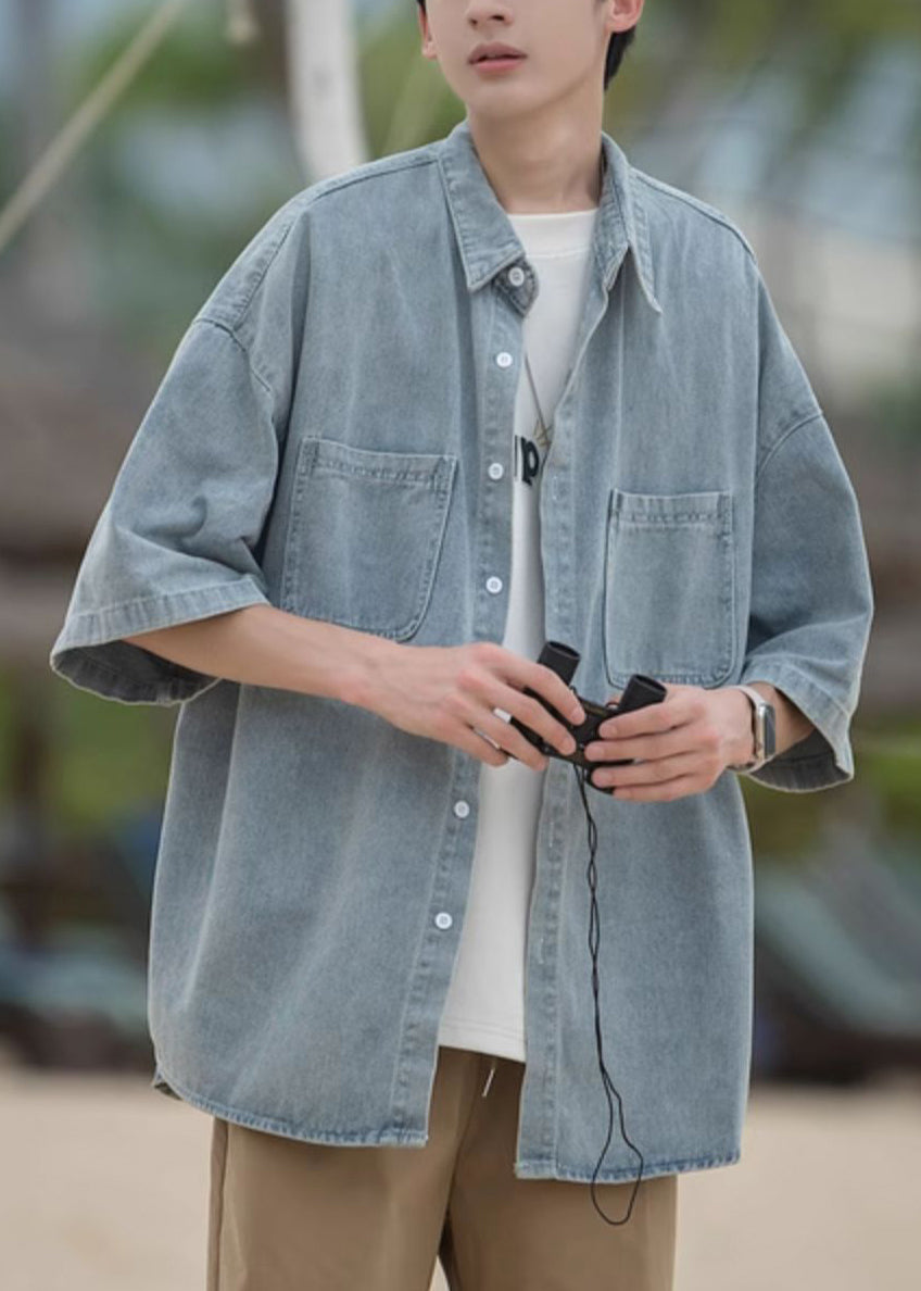 Blau Herren Pan Shirts Frühling Taschen Lose Peter Denim