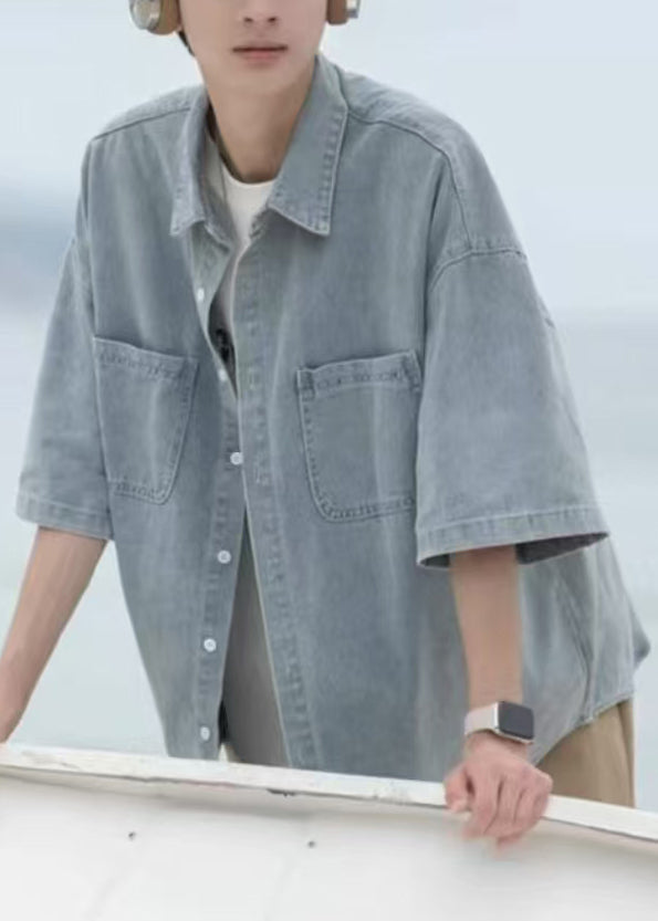 Blau Herren Pan Shirts Frühling Taschen Lose Peter Denim