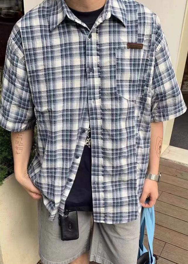 Männer Blau Sommer Hemden Plaid Lose Baumwolle Knopf