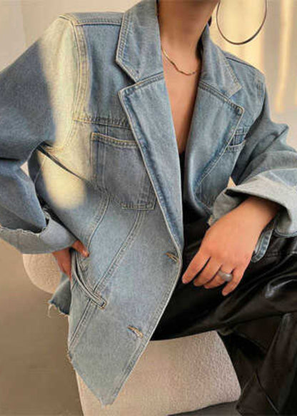 Loose Blue Pockets Notched Denim Coats Spring RP014