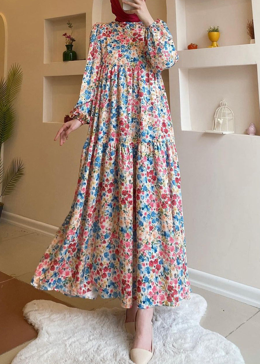 Robe longue ample en coton à taille haute et imprimé bleu printemps AA1011