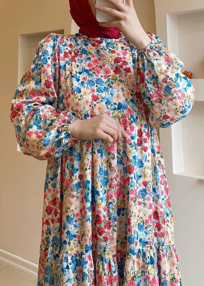 Robe longue ample en coton à taille haute et imprimé bleu printemps AA1011