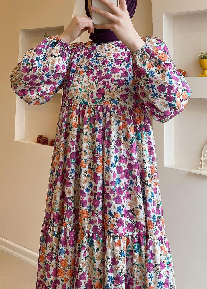 Robe longue ample en coton à taille haute et imprimé bleu printemps AA1011