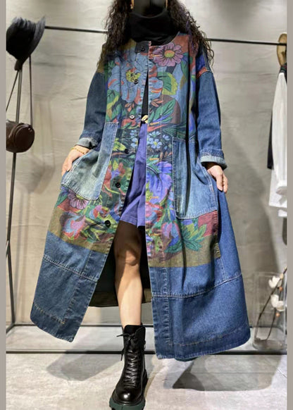 Loose Blue Print Pockets Denim Long Coat Long Sleeve MN063