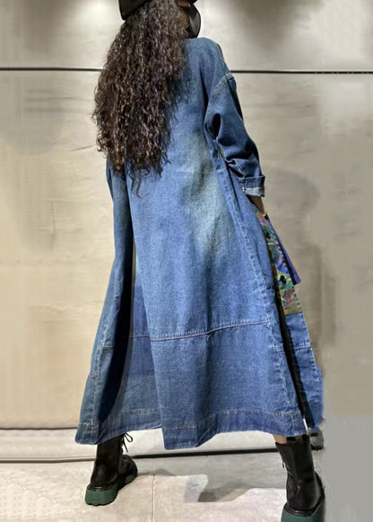 Loose Blue Print Pockets Denim Long Coat Long Sleeve MN063