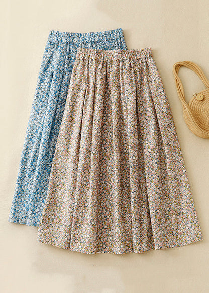 Loose Blue Print Pockets Elastic Waist Cotton Skirt Summer GG010