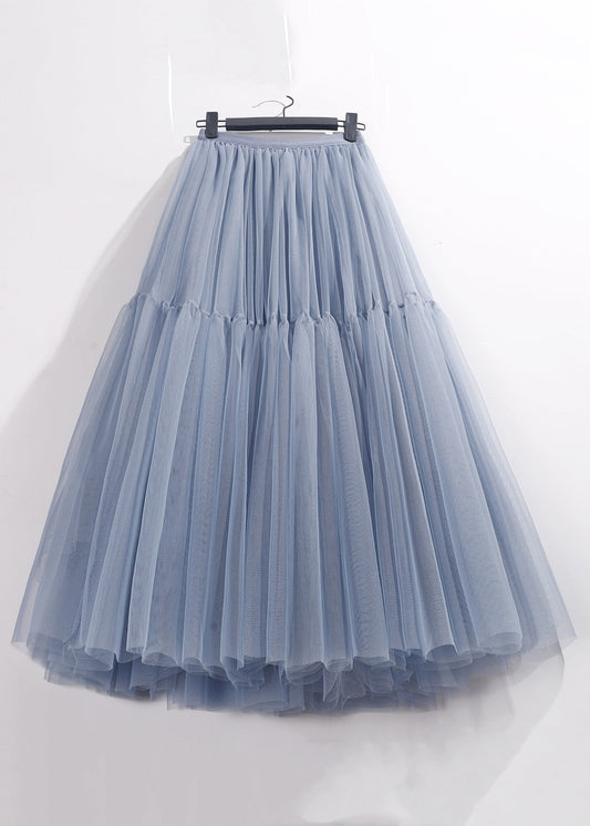 Loose Blue Solid High Waist Tulle Pleated Skirt Ada Fashion