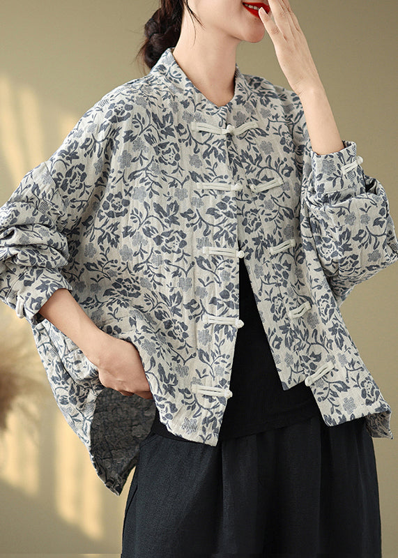 Loose Blue Stand Collar Print Button Cotton Coat Fall QO072