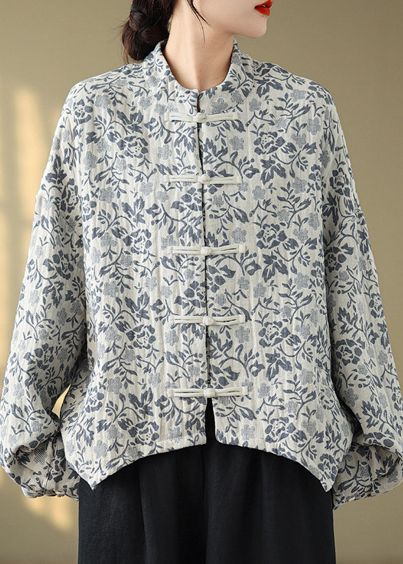 Loose Blue Stand Collar Print Button Cotton Coat Fall QO072