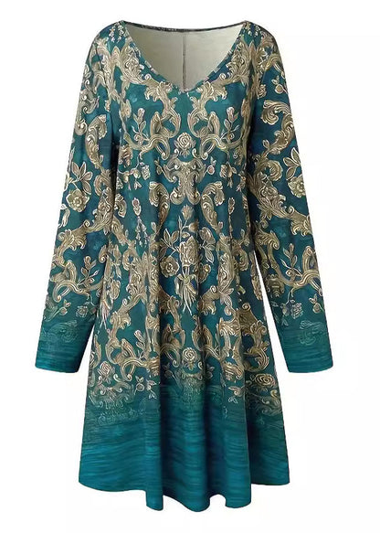 Robe mi-longue ample en coton imprimé bleu à col en V et manches longues AA1037