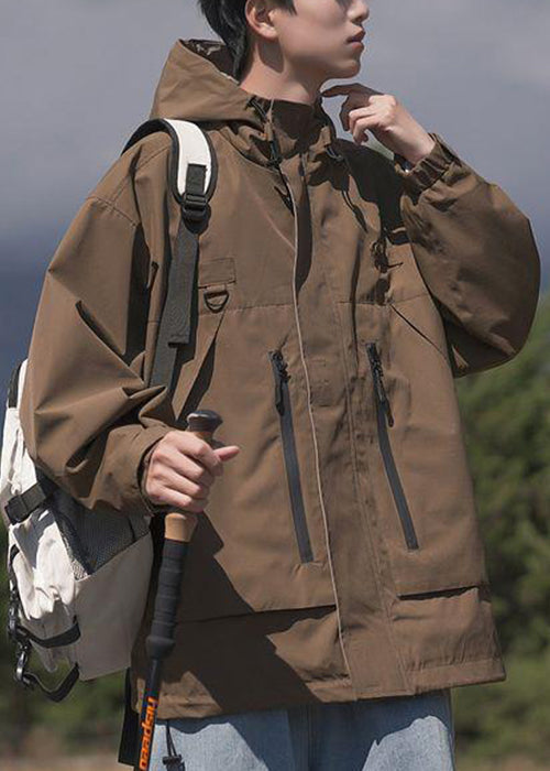 Spring Pockets Cotton Loose Coat Men Hooded Zippered Brown