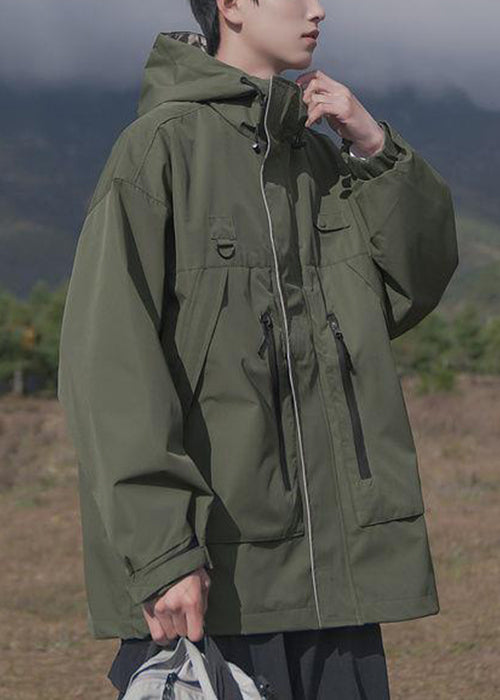 Spring Pockets Cotton Loose Coat Men Hooded Zippered Brown