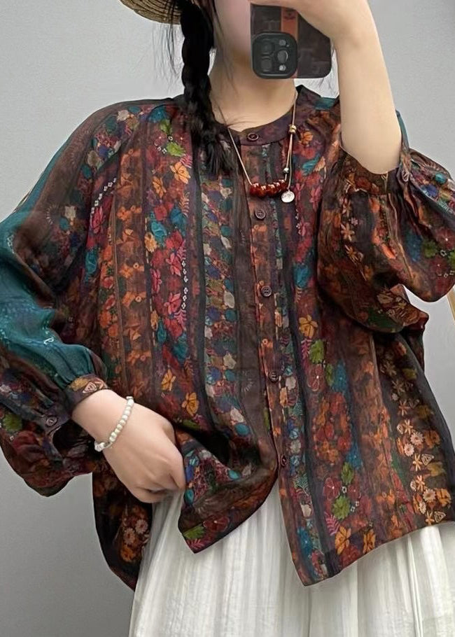 Loose Brown Print Button Linen Shirt Long Sleeve VV055