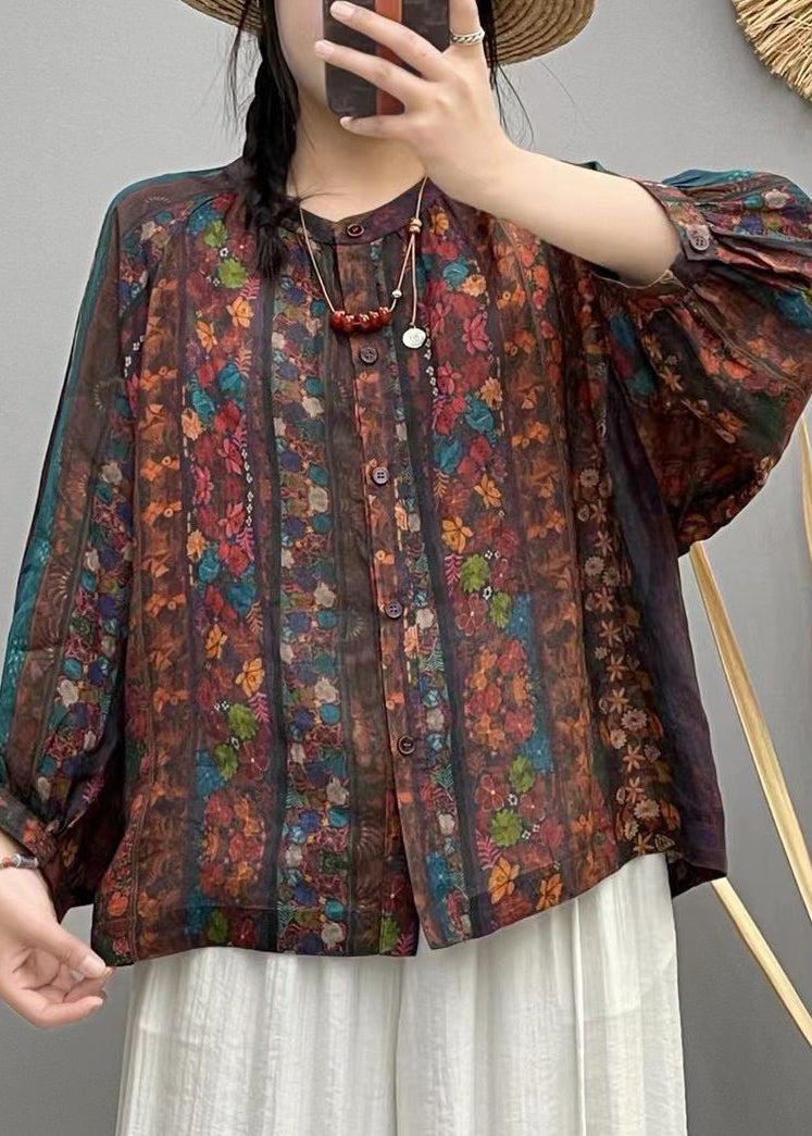 Loose Brown Print Button Linen Shirt Long Sleeve VV055