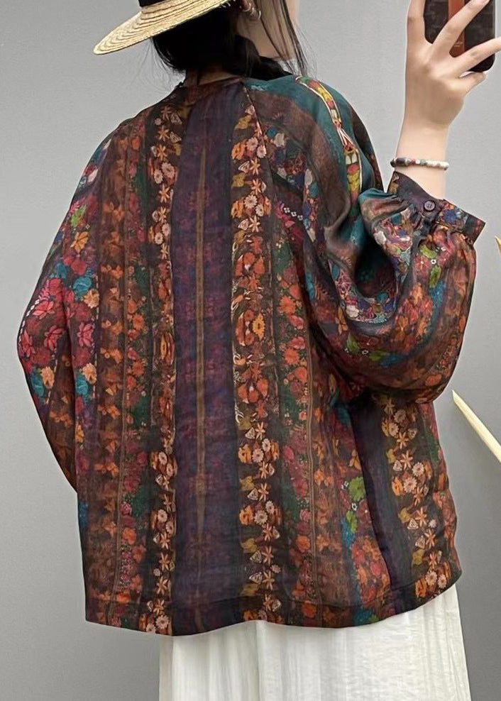 Loose Brown Print Button Linen Shirt Long Sleeve VV055