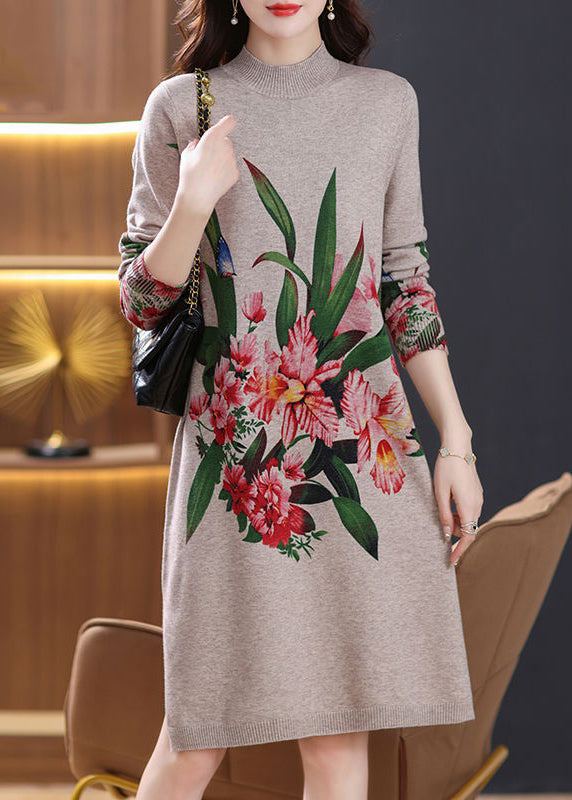 Robe ample en laine à col roulé et manches longues, imprimé camel, TB023