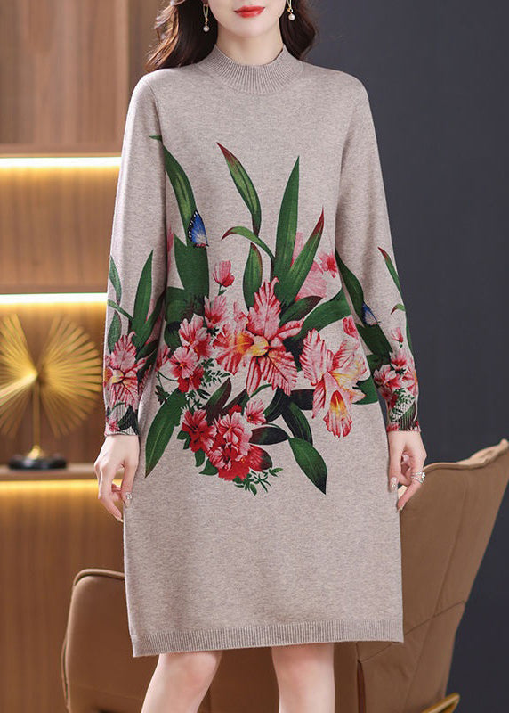 Robe ample en laine à col roulé et manches longues, imprimé camel, TB023