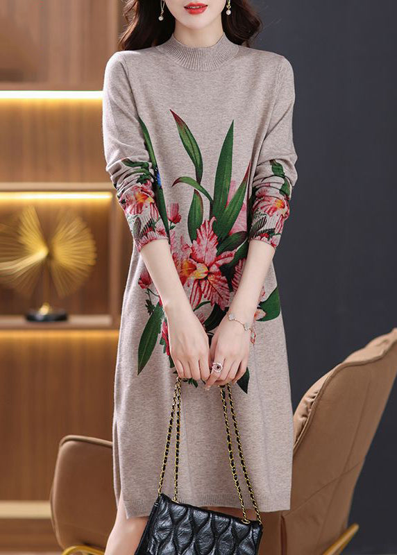 Robe ample en laine à col roulé et manches longues, imprimé camel, TB023
