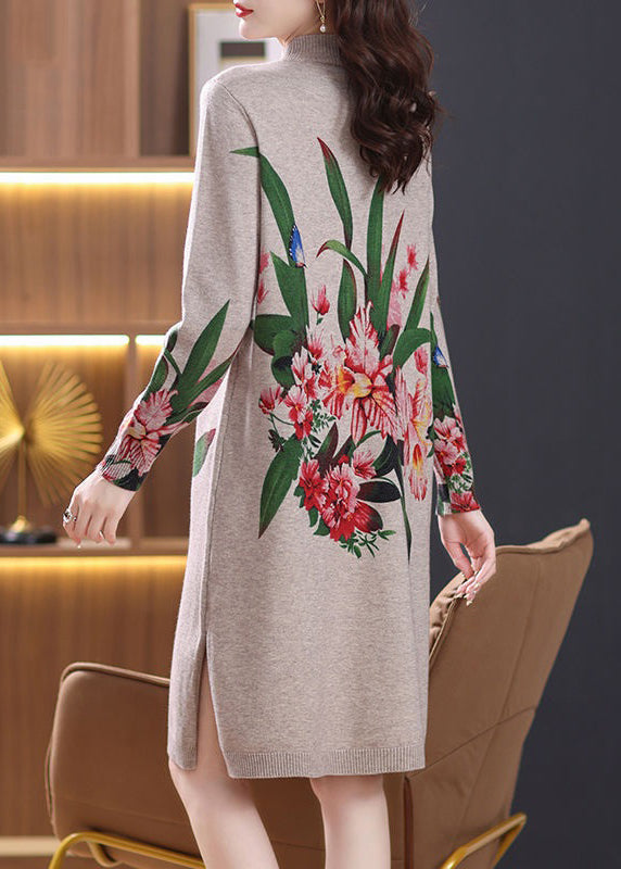Robe ample en laine à col roulé et manches longues, imprimé camel, TB023