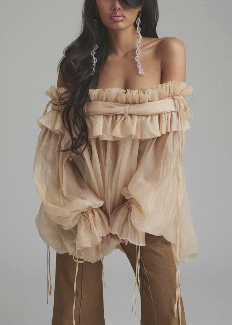 Chemise en dentelle boutonnée couleur ample tulle champagne à volants évasés