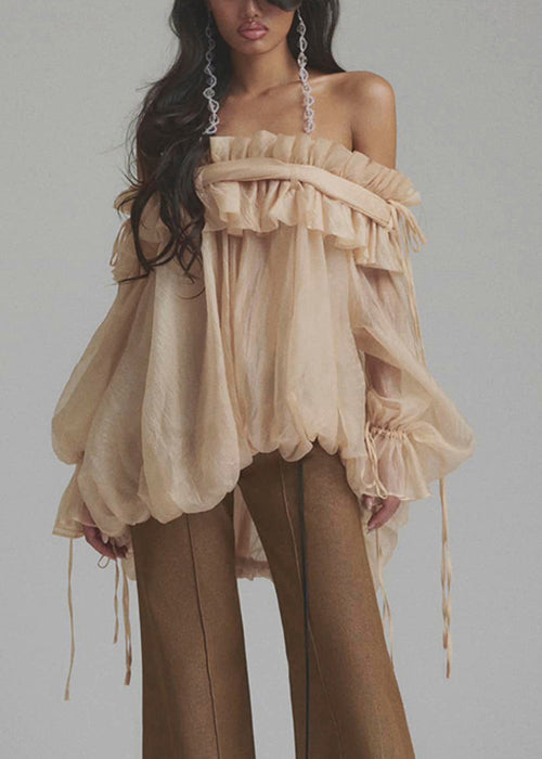 Chemise en dentelle boutonnée couleur ample tulle champagne à volants évasés
